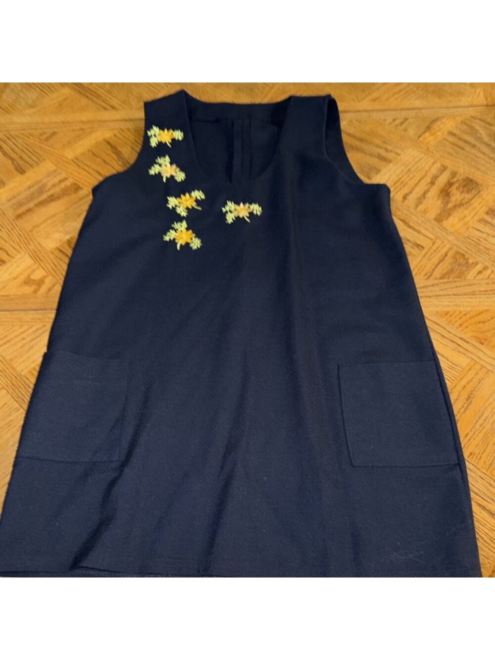 Vintage Homemade Navy Sleeveless Shift Dress Yellow Floral Details Womens Large